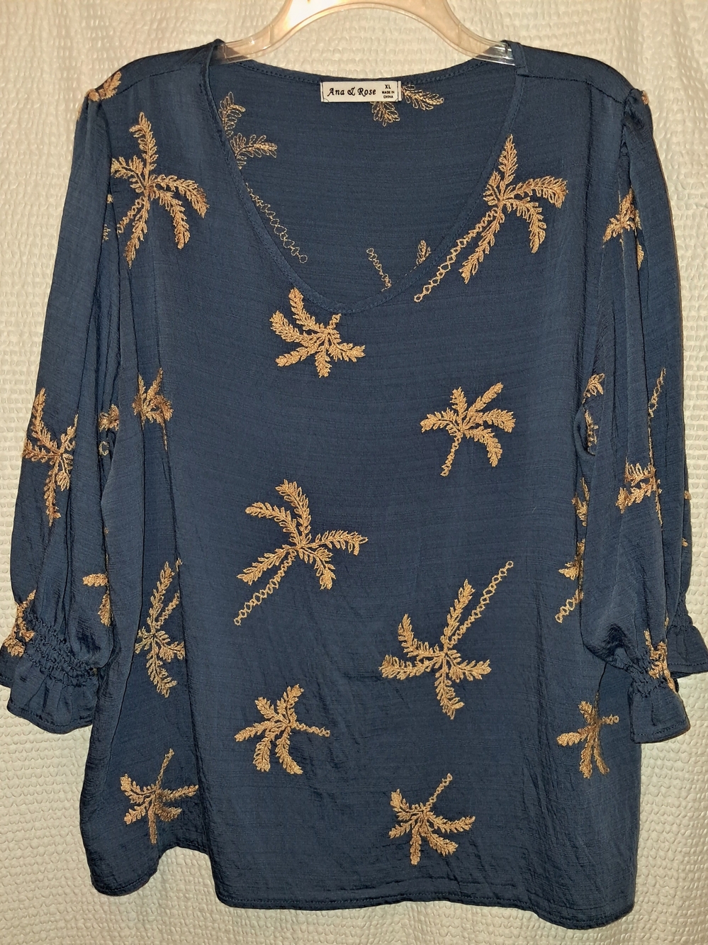 Ana & Rose Blue V-Neck Palm Embroidered Blouse